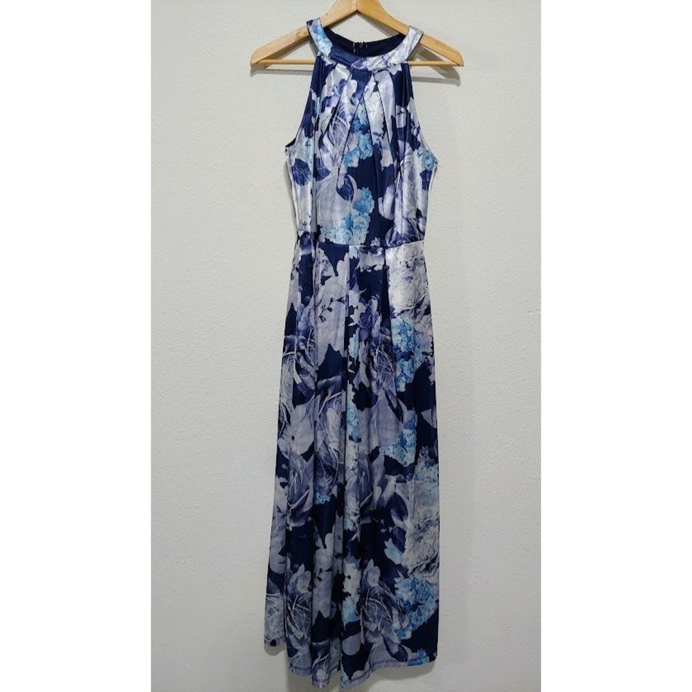 Womens Blue S Floral Pleated Sleeveless Formal Maxi Dress Elegant By Candalette - Picture 7 of 12